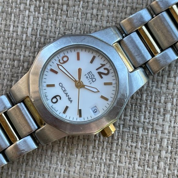 ESQ OCEANIA Swiss Women Wrist Watch Date Calendar Analog Quartz Silver/Gold Tone - Picture 5 of 13